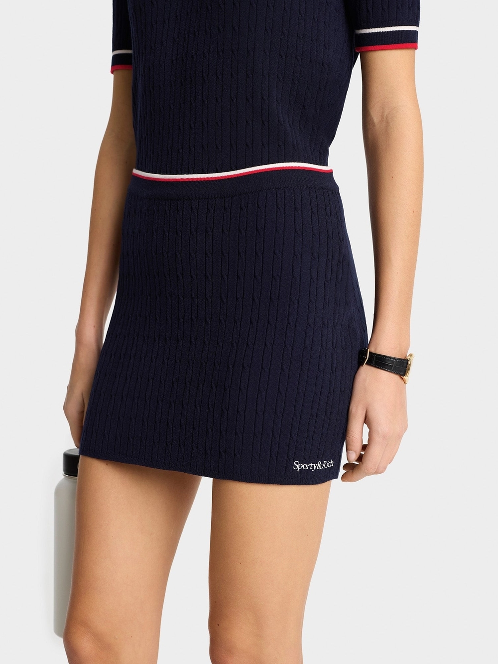 Sporty & Rich Navy Cable Knit Stripe Trim Embroidered Serif Logo Mini Skirt